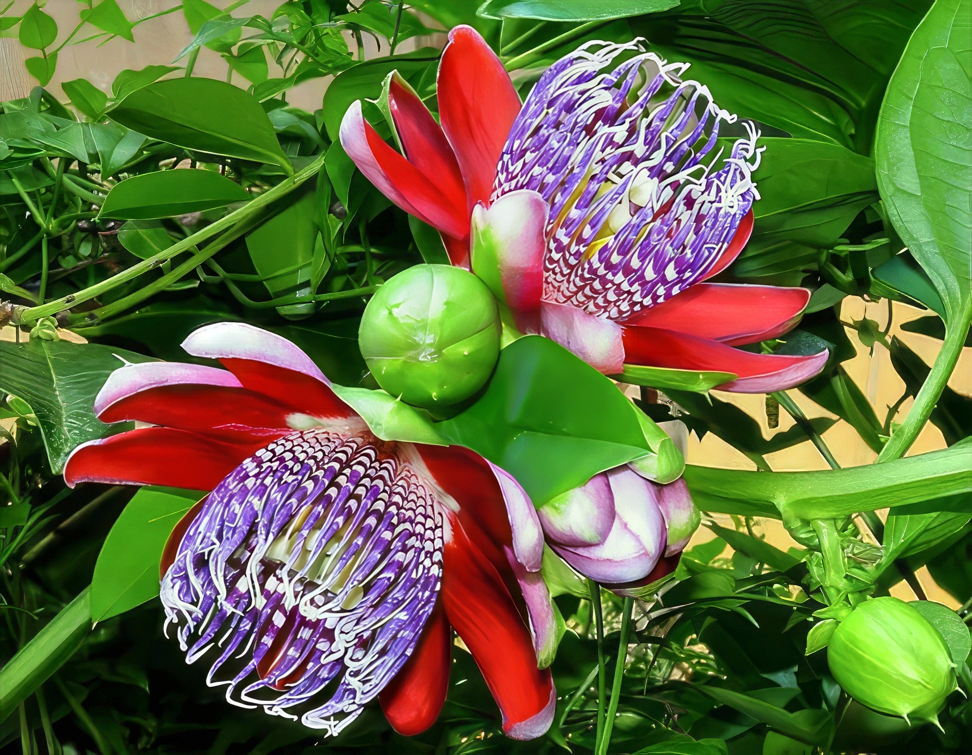 Giant Granadilla Passion flower with red and purple petals and green pods in a natural setting.