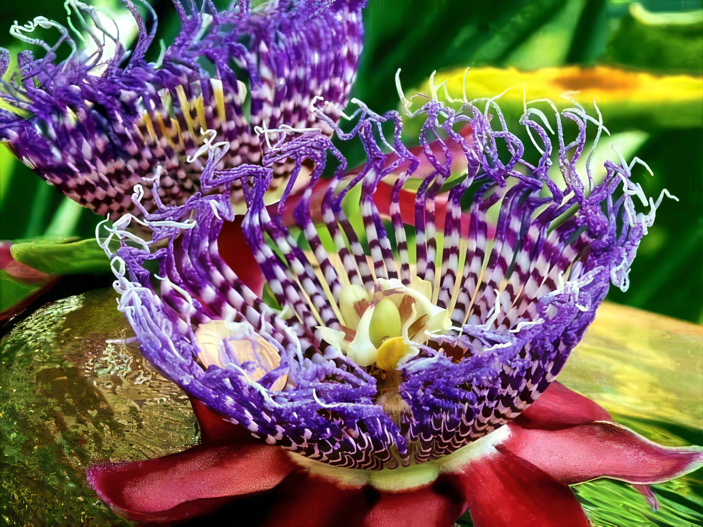 Close-up of a vibrant purple and red Giant Granadilla flower with a detailed center.