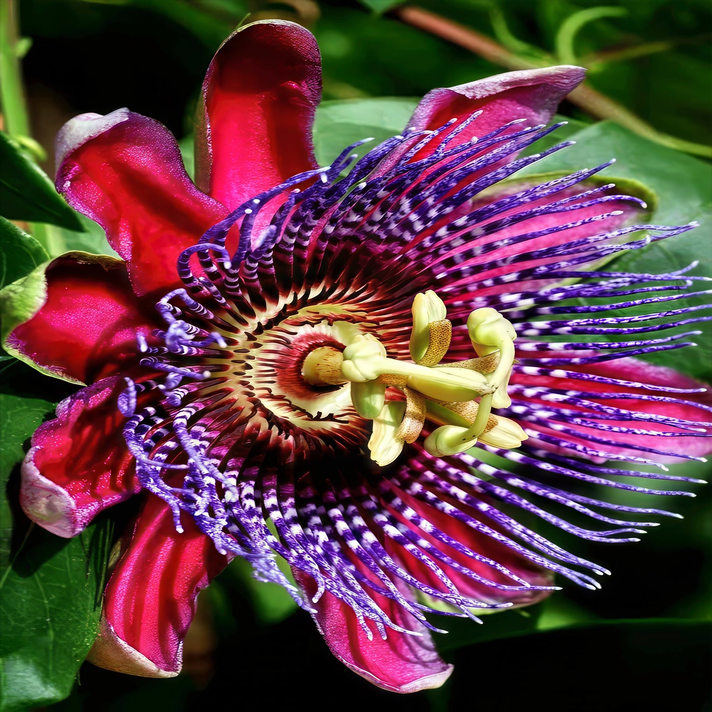 Close-up of a vibrant red, pink and purple Giant Granadilla passionflower with green leaves. (Passiflora quadrangularis)