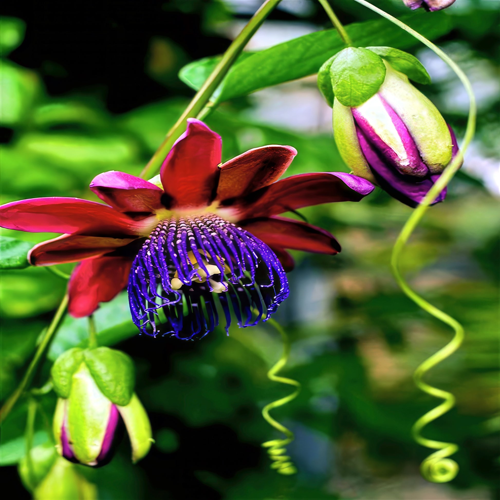 Giant Granadilla Passion flower with green leaves and a blurred green background