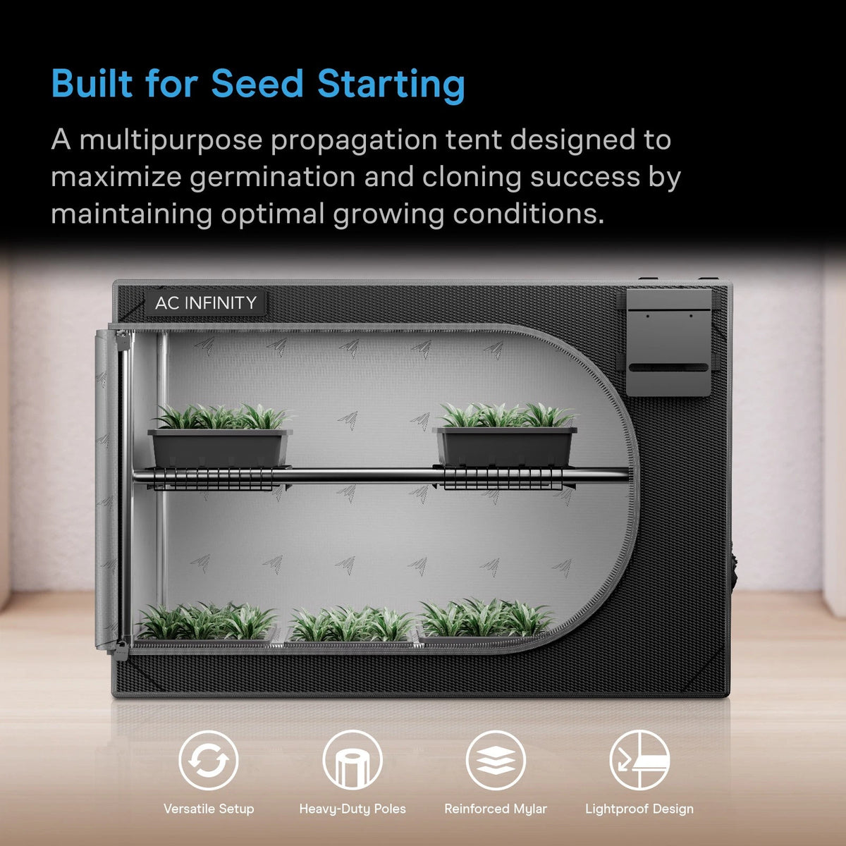AC Infinity seed starting tent with a pull back door, interior grow shelves, and potted seedlings, shown on a light wood surface with promotional text above and feature icons below.