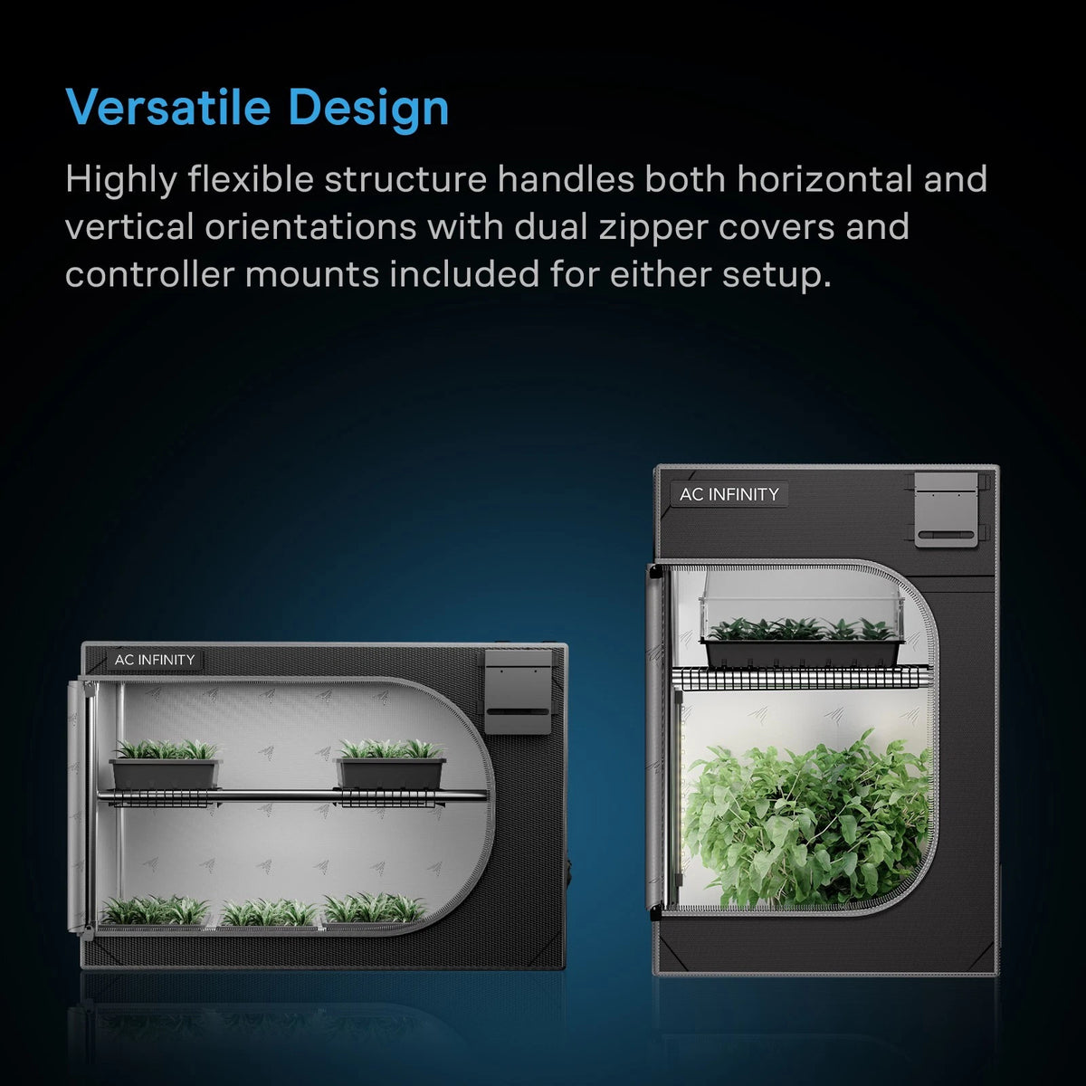 AC Infinity Versatile Design grow propagation tent light shown in two upright configurations on a dark blue gradient background, with marketing text at the top describing flexible structure, dual zipper covers, and controller mounts.