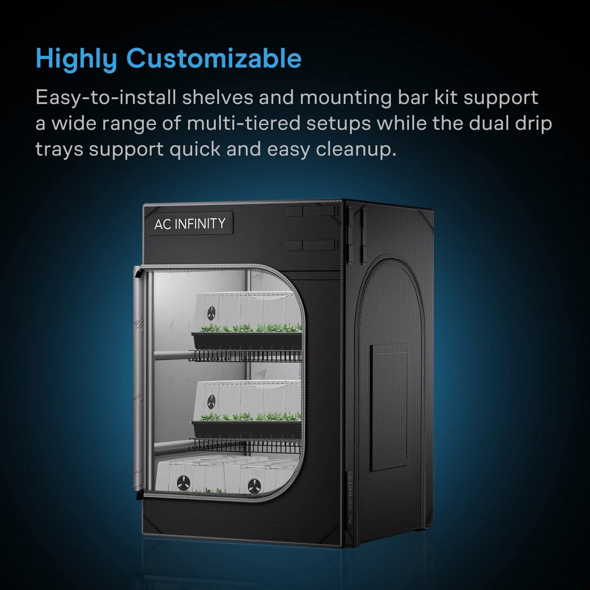 AC Infinity black grow tent with a pull back door and interior shelves, shown on a dark blue gradient background with promotional text about customizable shelving and dual drip trays.