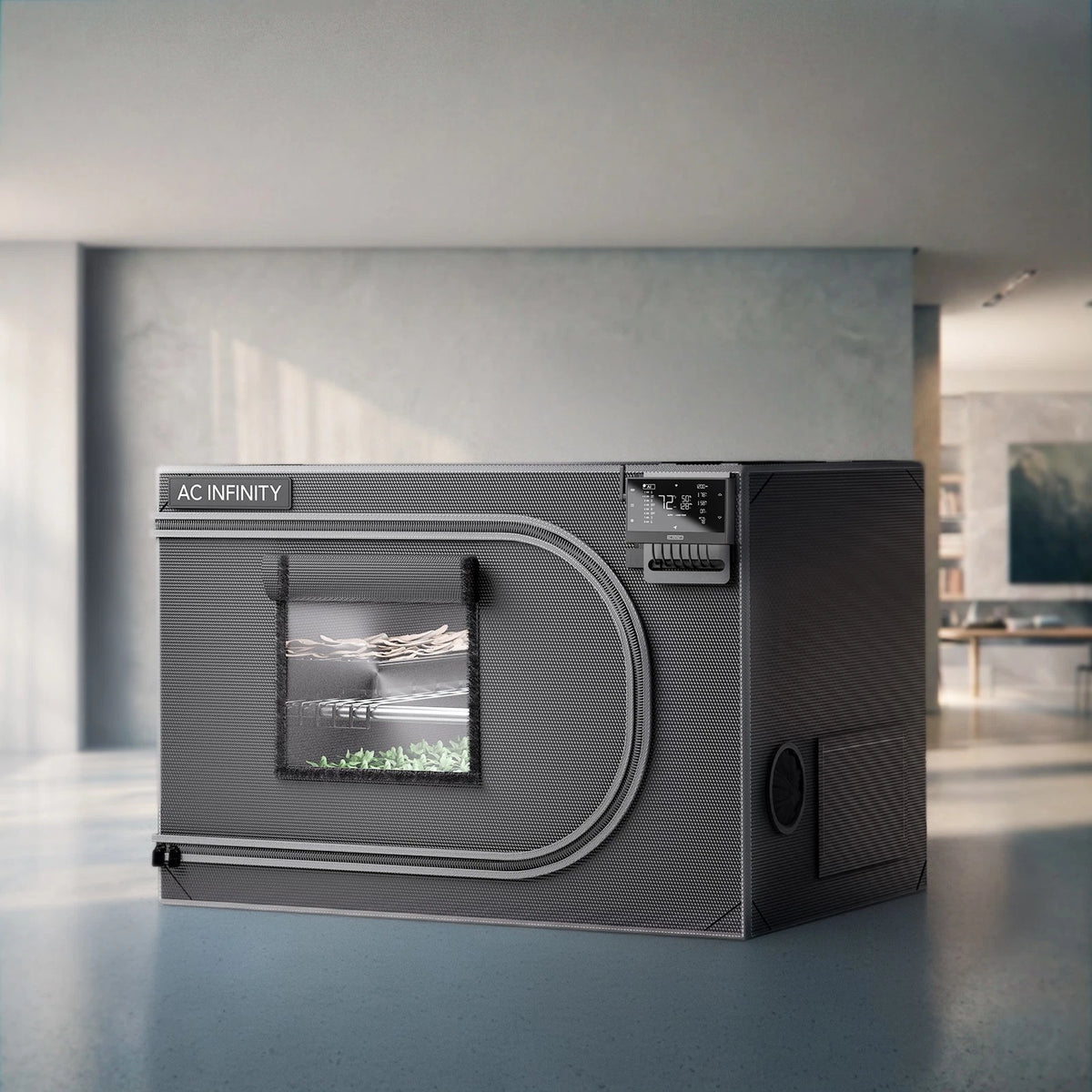 CLOUDLAB Advance propagation grow tent with 'AC Infinity' branding in a kitchen setting