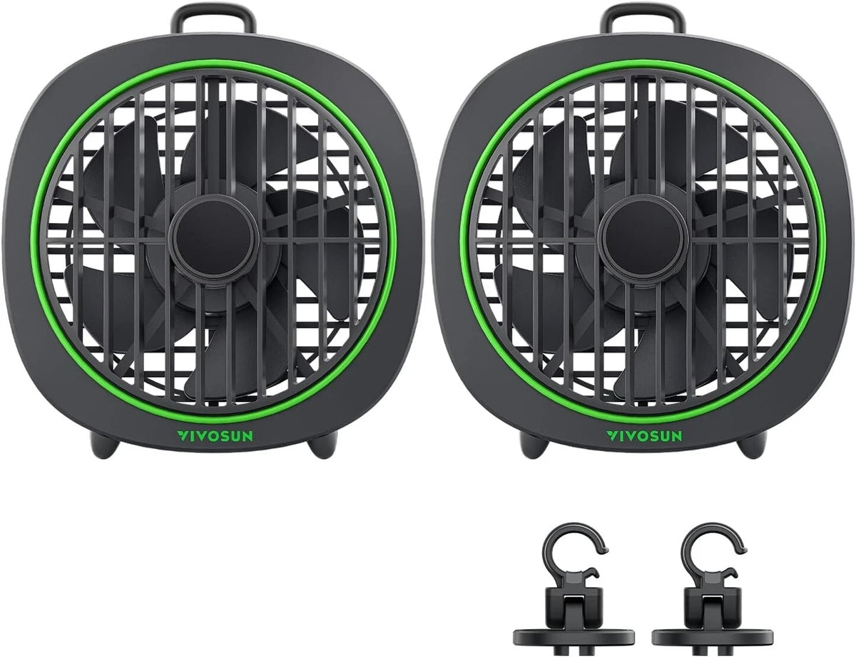 Two black portable VIVOSUN AeroWave D4 grow tent clip fans with green accents and protective grates, shown side by side on a white background, with two mounting clips below.