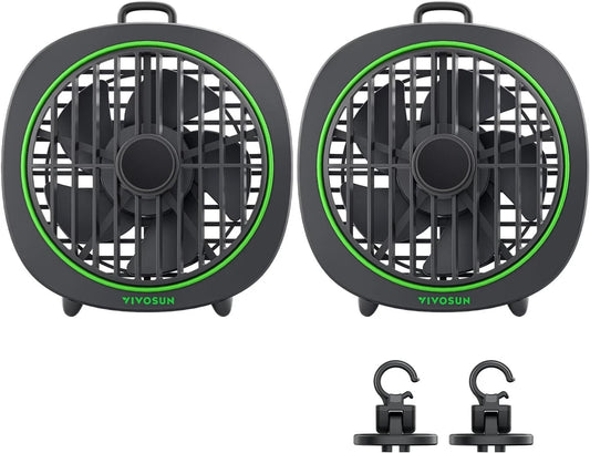Two black portable VIVOSUN AeroWave D4 grow tent clip fans with green accents and protective grates, shown side by side on a white background, with two mounting clips below.