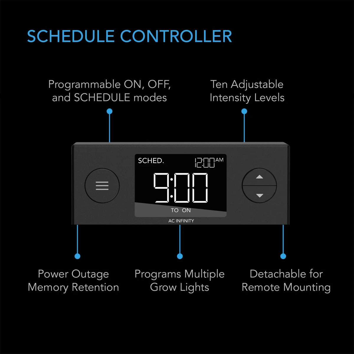 Schedule controller with features listed on a black background