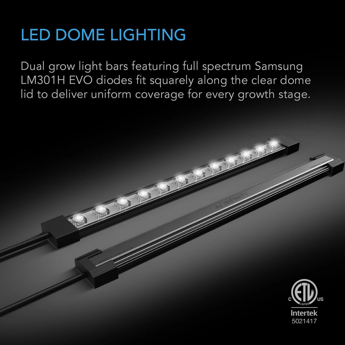 LED dome lighting bars with Samsung LM301H EVO diodes on a dark background