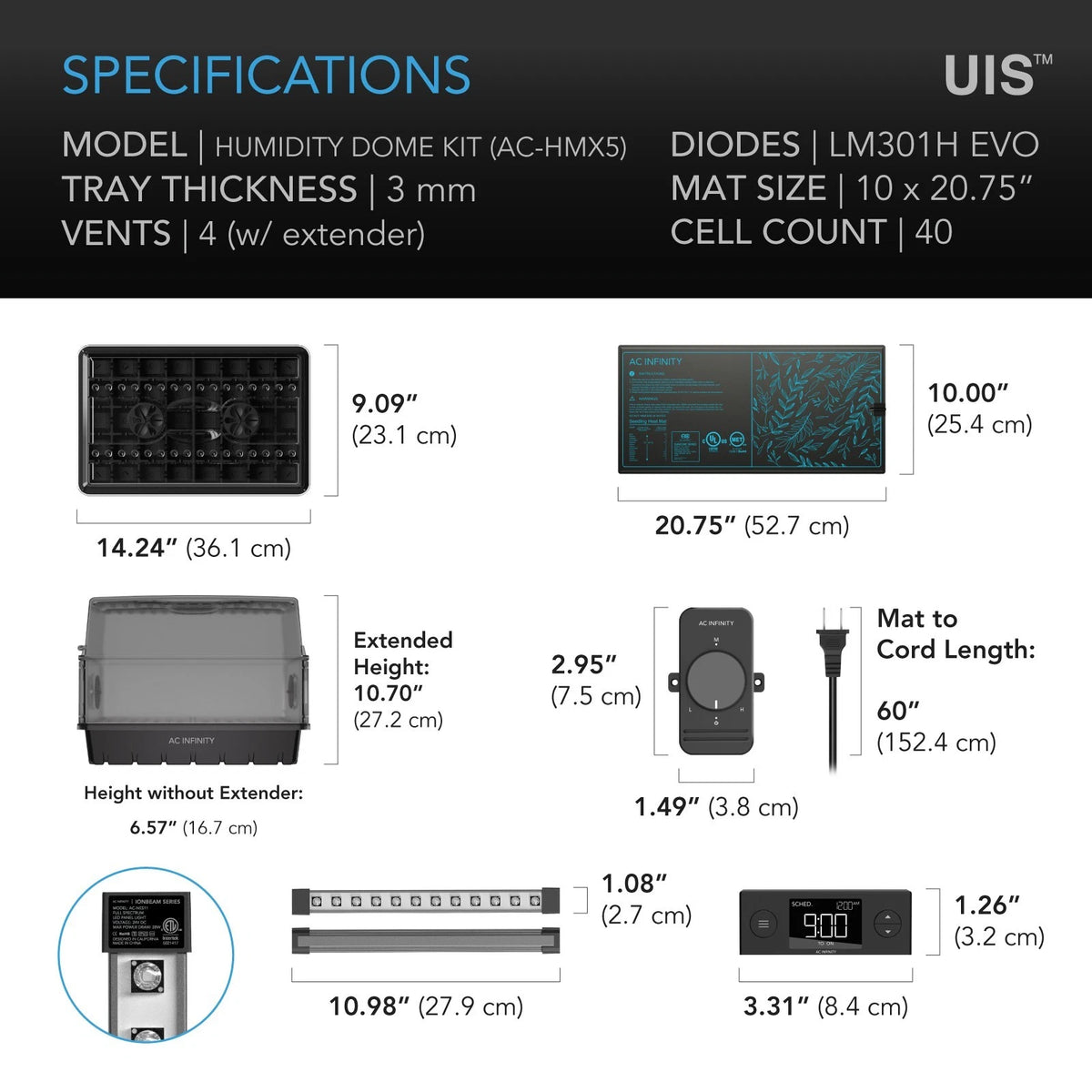 Technical specifications of a humidity dome kit with dimensions and features listed.