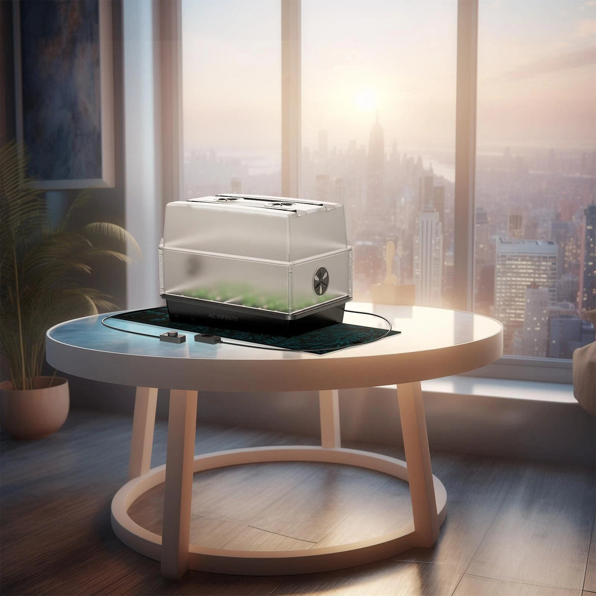 Modern indoor seed propagation dome kit on a round table with a cityscape view in the background