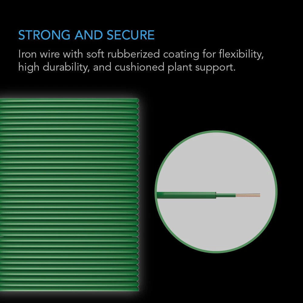 Promotional graphic for green coated plant ties showing a close-up of tightly coiled green wire on the left and a circular inset on the right highlighting the wire's core and coating, with text reading 'STRONG AND SECURE' and a descriptive copy about heavy-duty coating.