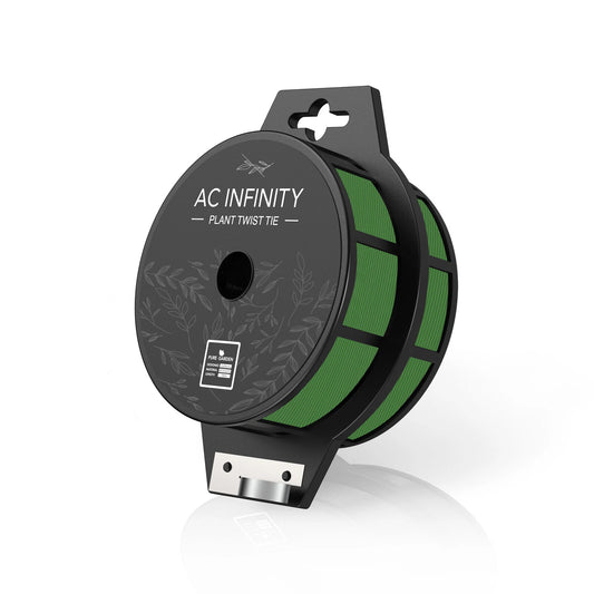 Spool of green plant twist ties with 'AC Infinity' branding on a white background