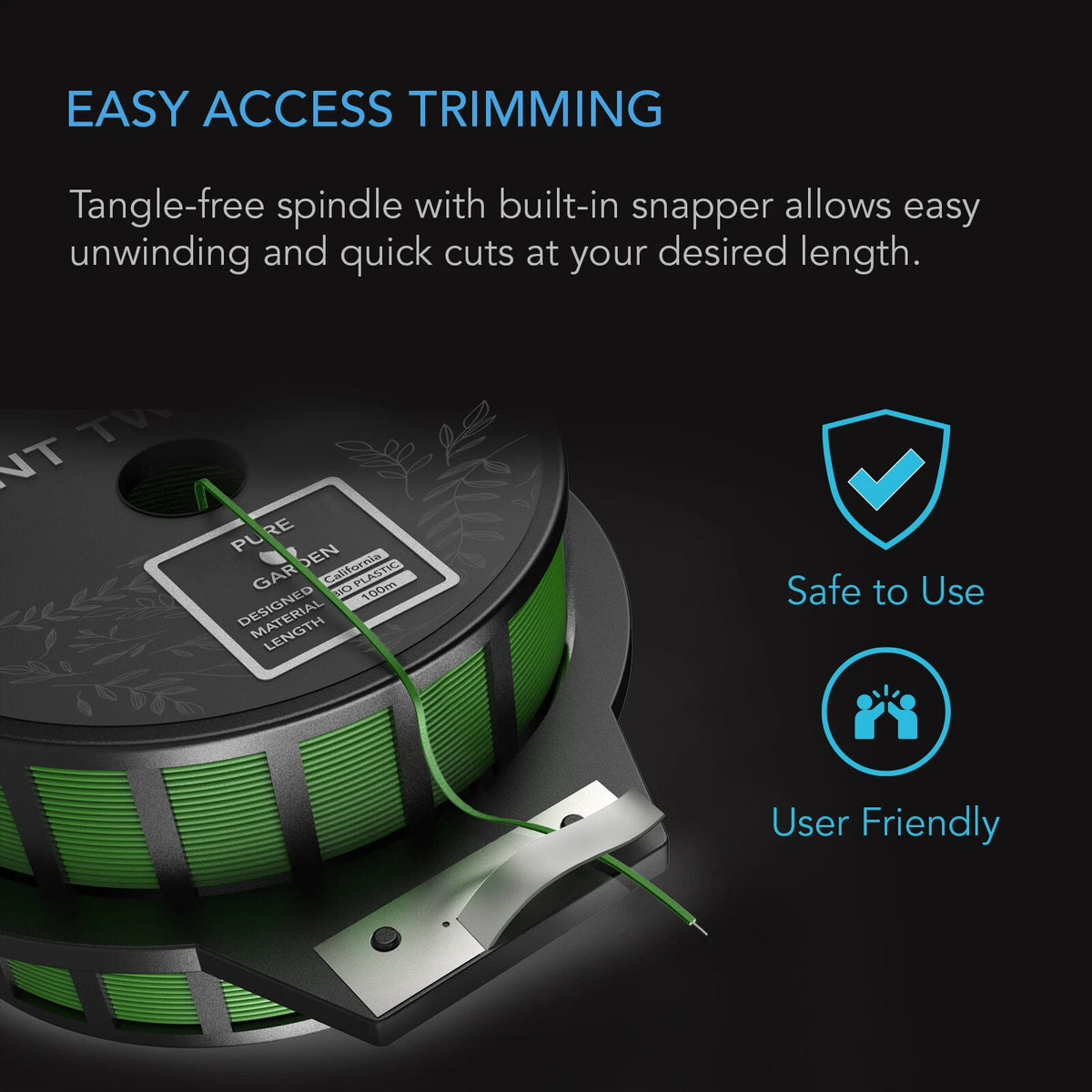 Green spool of plant twist ties with text about easy access trimming on a dark background