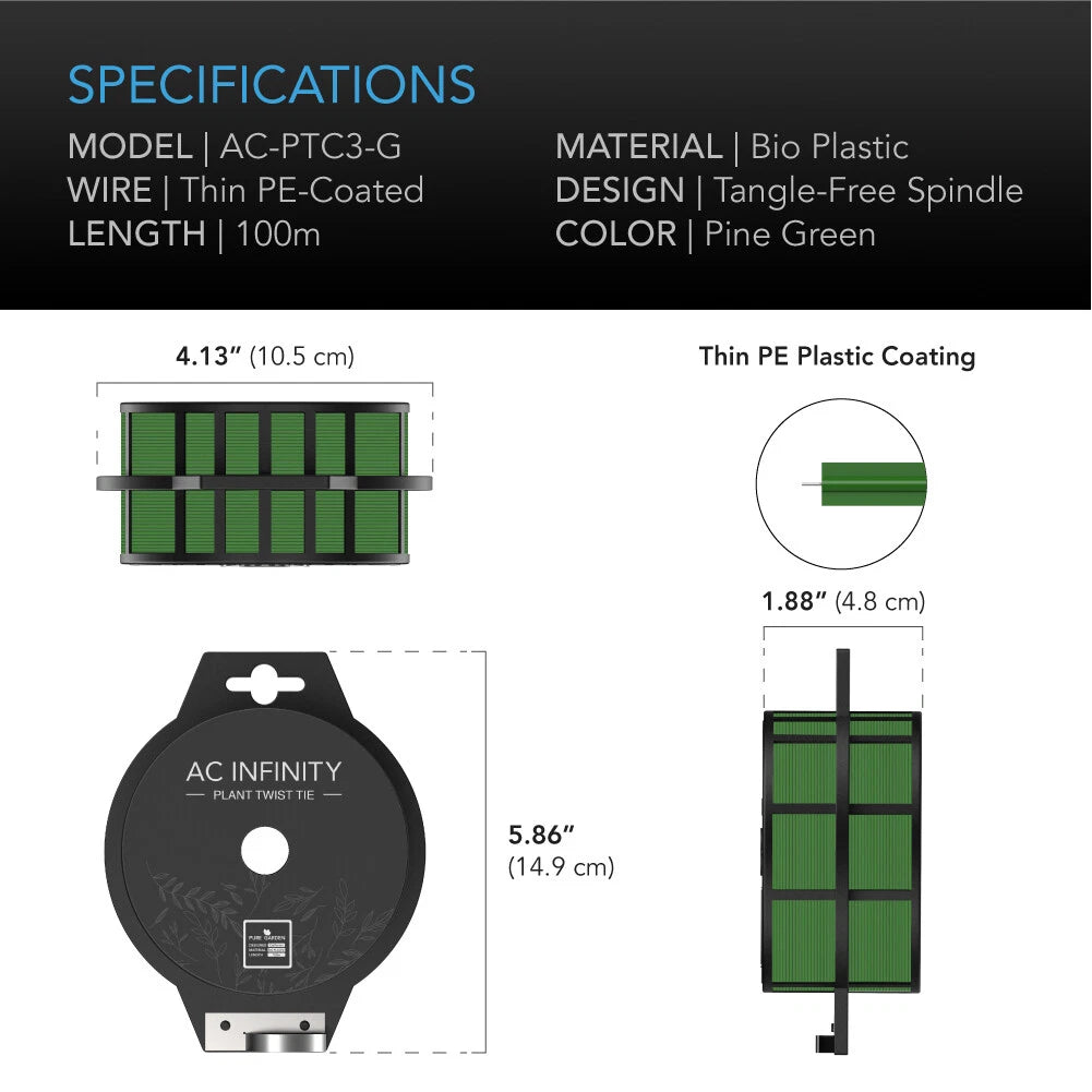 Product specifications for a green plant twist tie with bio plastic coating on a black background.
