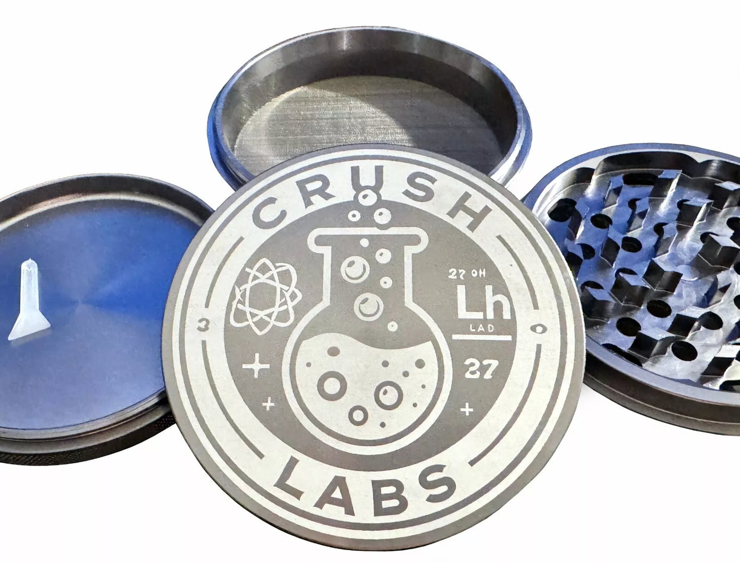 4-piece aluminum gunmetal color grinder with 'Crush Labs' branding on a white background