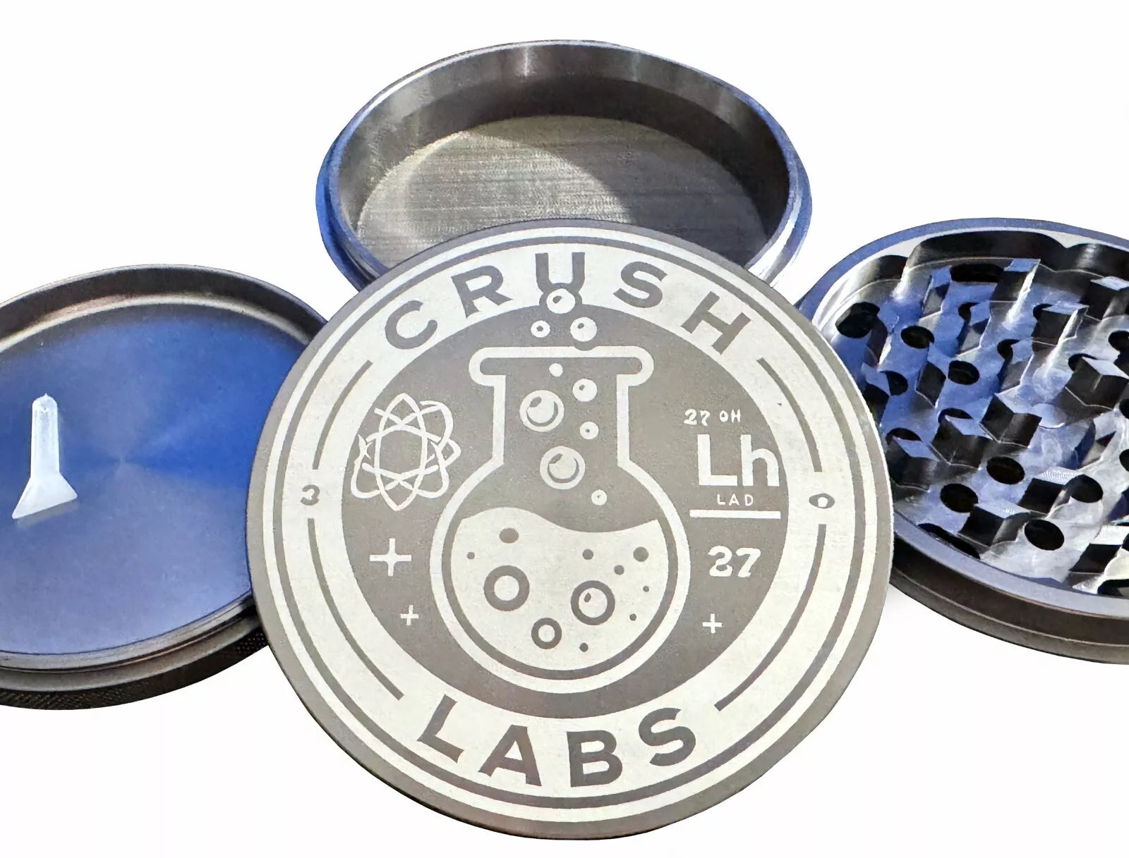 4-piece aluminum gunmetal color grinder with 'Crush Labs' branding on a white background