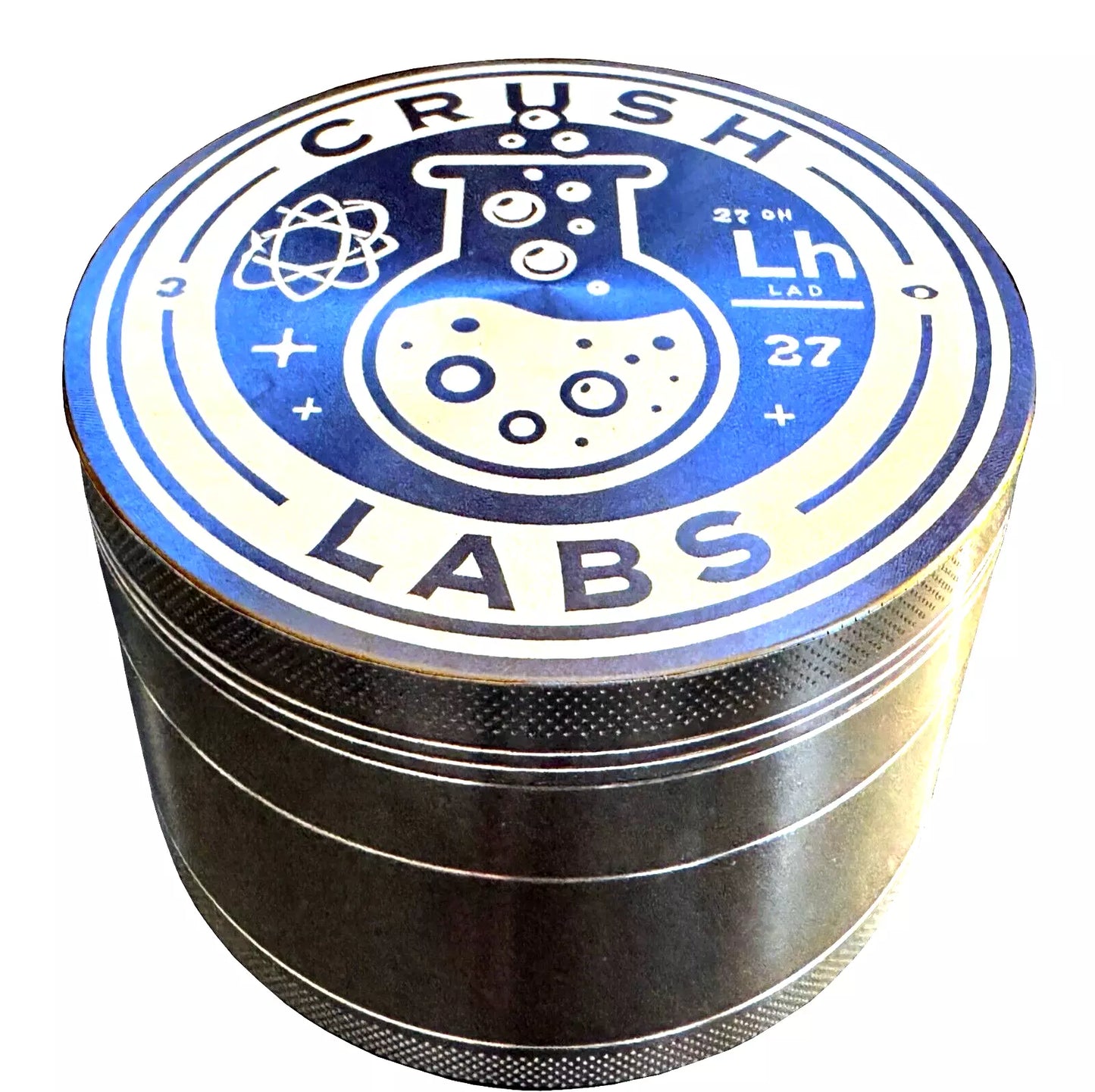 Gunmetal color 4-pc grinder with 'Crush Labs' branding on a white background