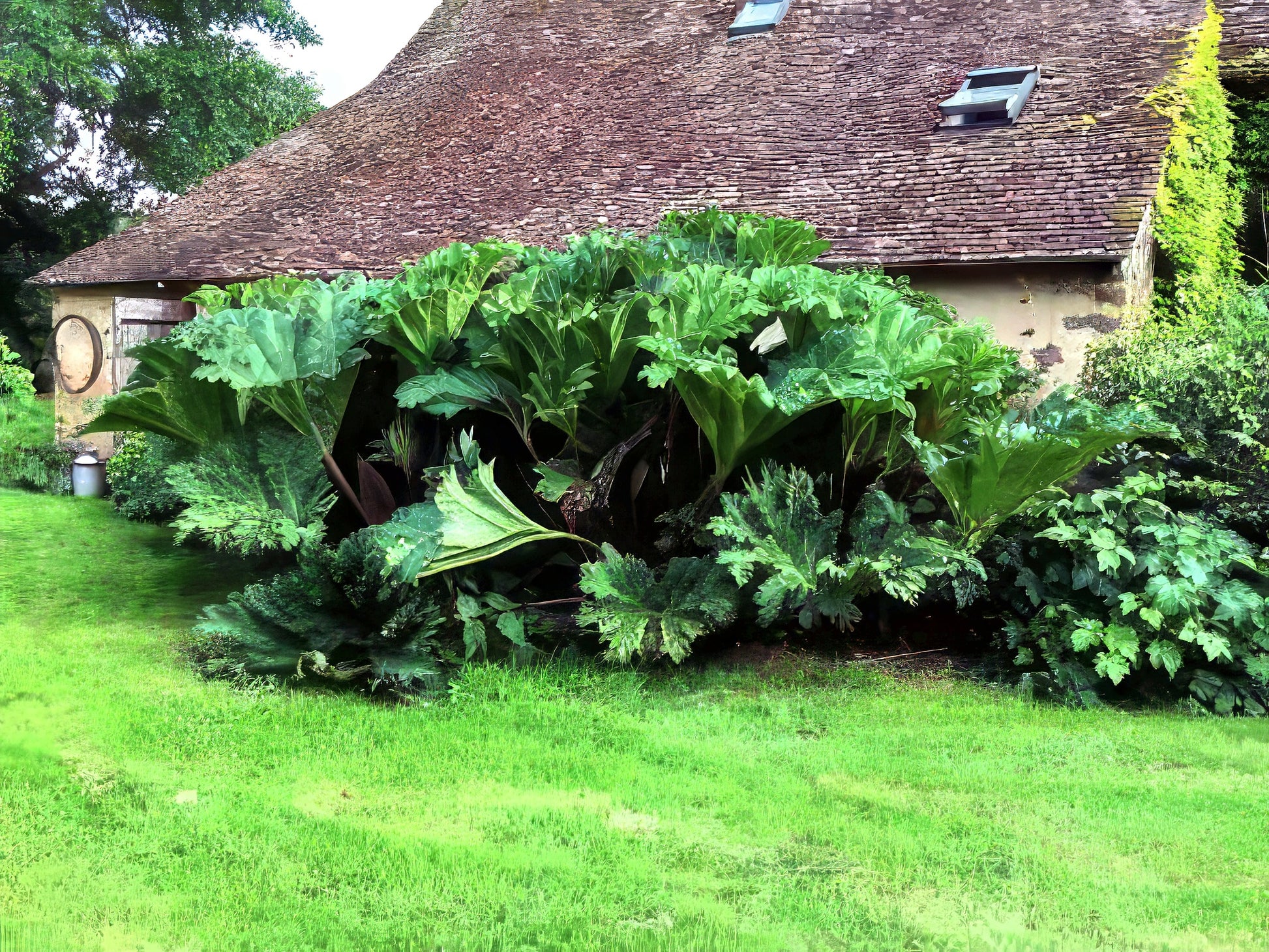 Large gunnera plant in a garden with a thatched roof building in the background