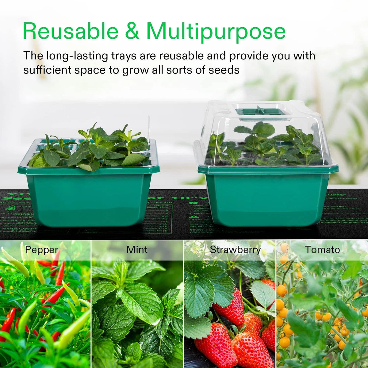 Green reusable seed-starting trays shown with green plants inside, one open and one covered by a clear lid. Text at the top says 'Reusable & Multipurpose,' and the bottom row shows examples of plants that grow in the trays: pepper, mint, strawberry, and tomato.