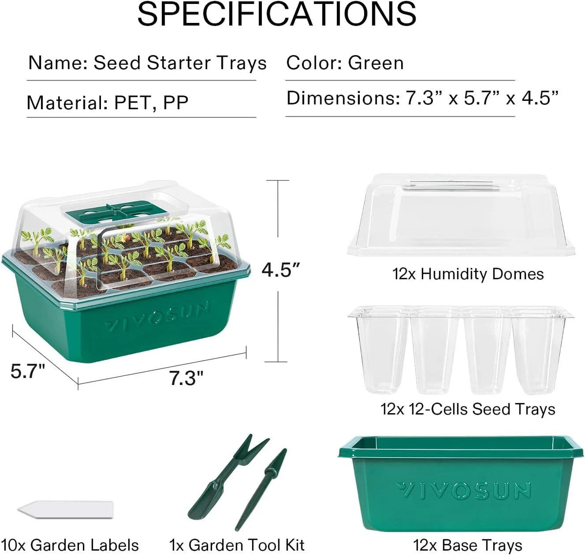 Seed starter trays with specifications including dimensions, material, and included items.