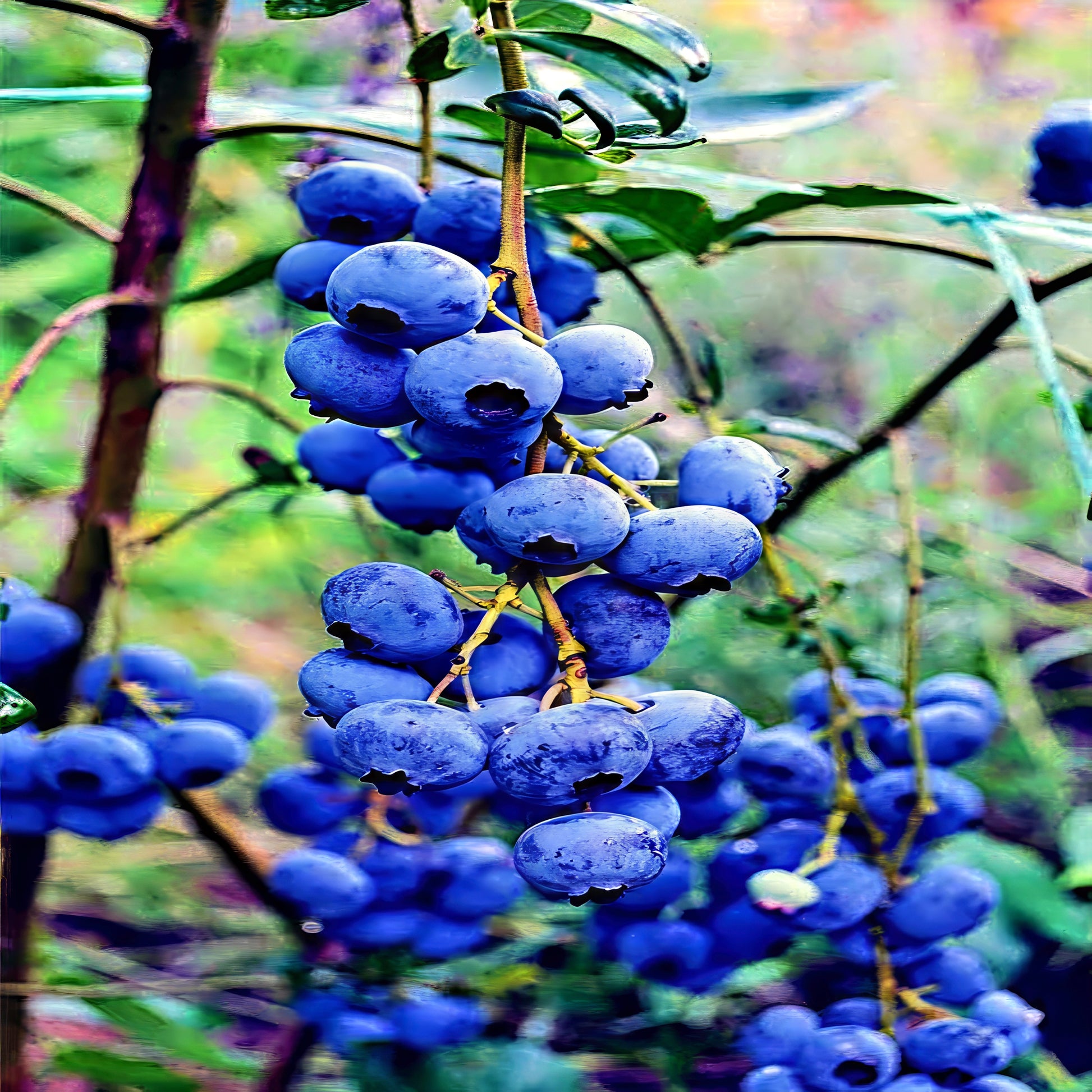 Close-up of Southern Highbush blue berries on a branch with a blurred natural background. (Vaccinium corymbosum)