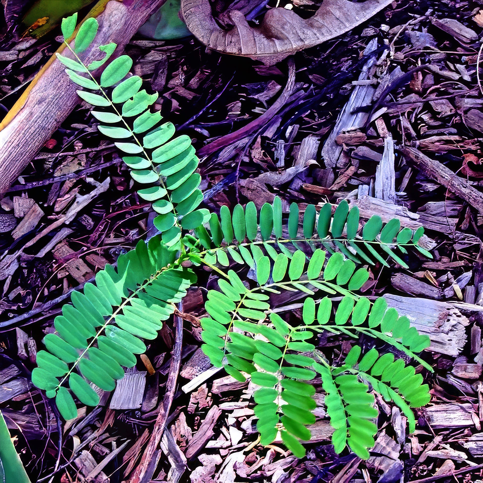 Green Jacaranda plant starting to grow in bed of mulch.
