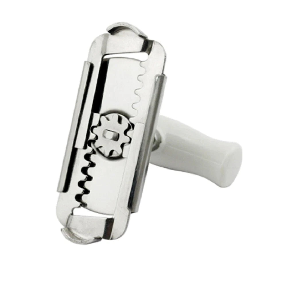 Metallic can opener with adjustable grip with a white handle on a white background