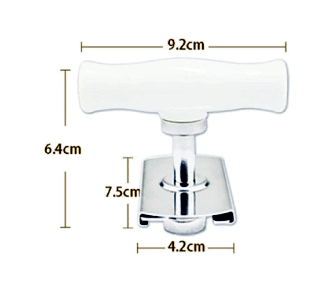 Measurement chart of a white handle on jar opener with dimensions labeled on a white background
