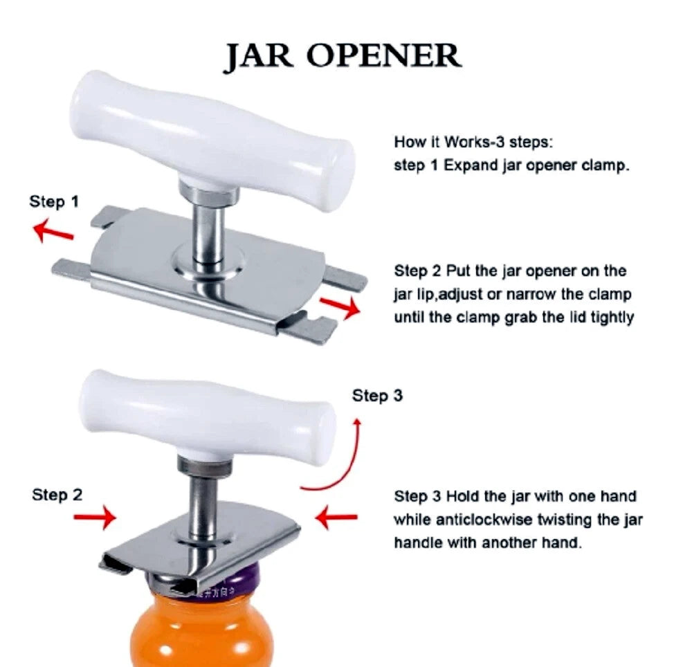 Jar opener with step-by-step instructions on a white background
