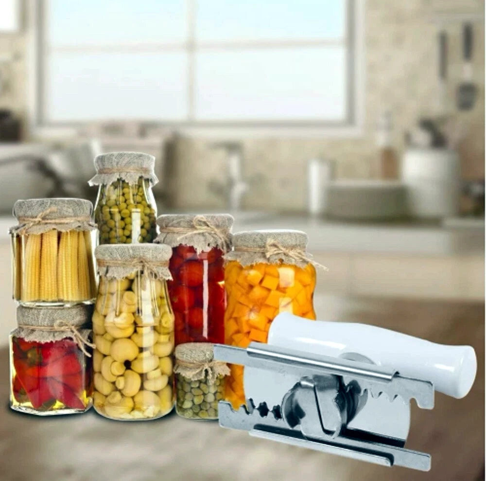 Set of glass jars with various contents on a kitchen counter with folded jar opener