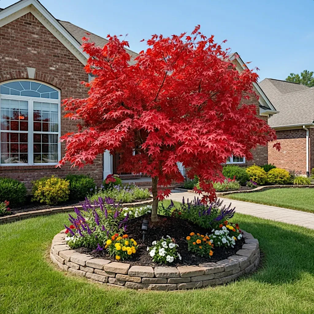 Japanese Red maple tree in a garden with a brick house in the background. (Acer palmatum atropurpureum)