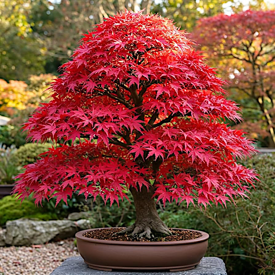 Potted Japanese red maple bonsai tree with vibrant red leaves in a garden setting