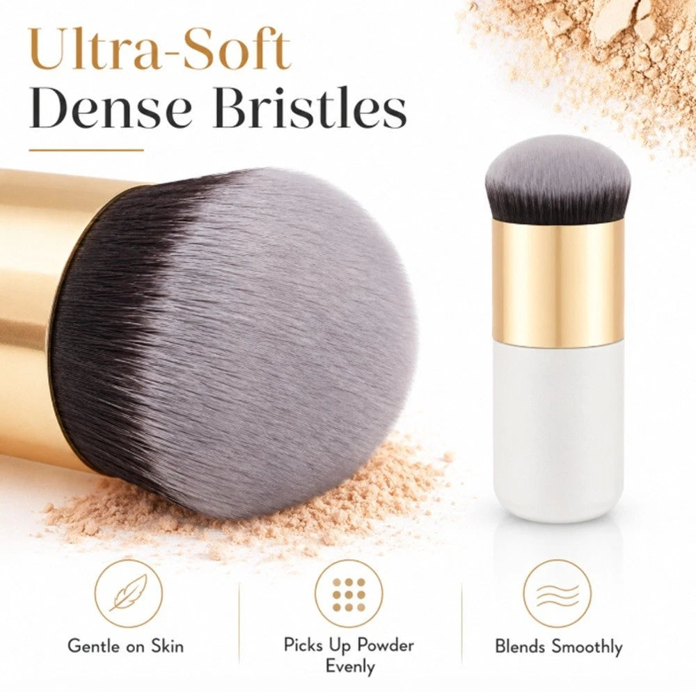 An ultra-soft dense bristles Kabuki makeup brush shown in close-up with a white and gold handle, alongside a full view of the brush on a white background with powder scattered around it. Text highlights the soft, dense bristles, and icons mention gentle on skin, picking up powder evenly, and blending smoothly.