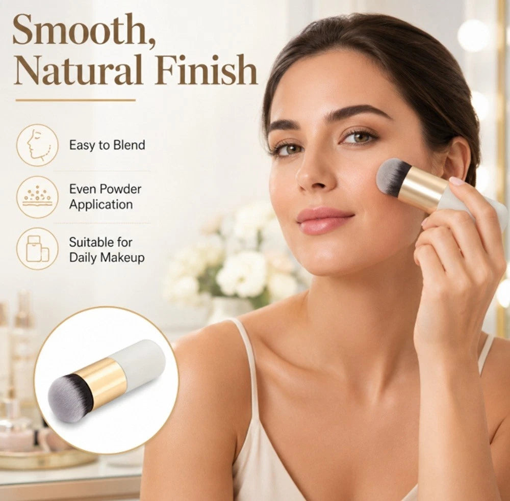 A woman applies makeup with a Kabuki makeup brush while the text reads 'Smooth, Natural Finish' with feature callouts like 'Easy to Blend,' 'Even Powder Application,' and 'Suitable for Daily Makeup.' A circular inset shows the brush close-up.