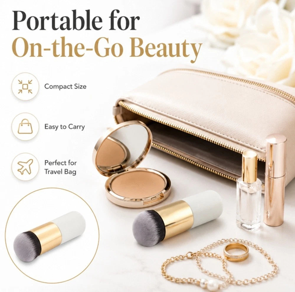 A portable makeup travel set displayed on a light marble surface with a beige zip pouch, compact mirror, pressed powder, Kabuki brush, perfume bottle, ring, and necklace. Text on the image reads 'Portable for On-the-Go Beauty' with feature icons for compact size, easy to carry, and travel bag compatibility.