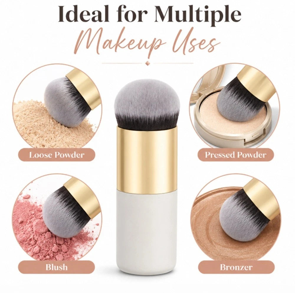 A Kabuki makeup brush shown on a white background with the headline 'Ideal for Multiple Makeup Uses' and four circular inset examples showing use on loose powder, pressed powder, blush, and bronzer.