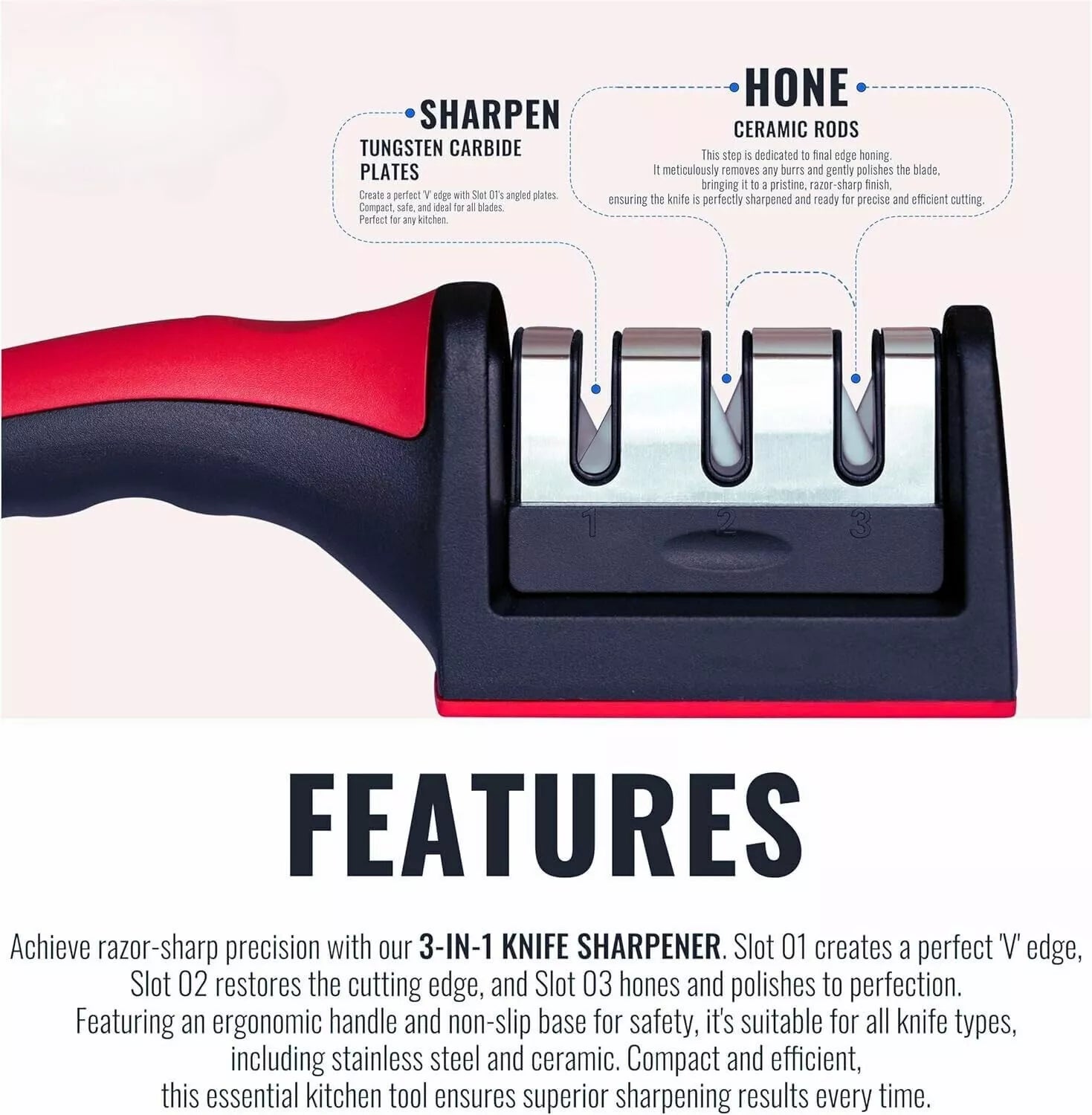 tunsten carbide plates to sharpen knifes, ceramic rods to hone blade edge