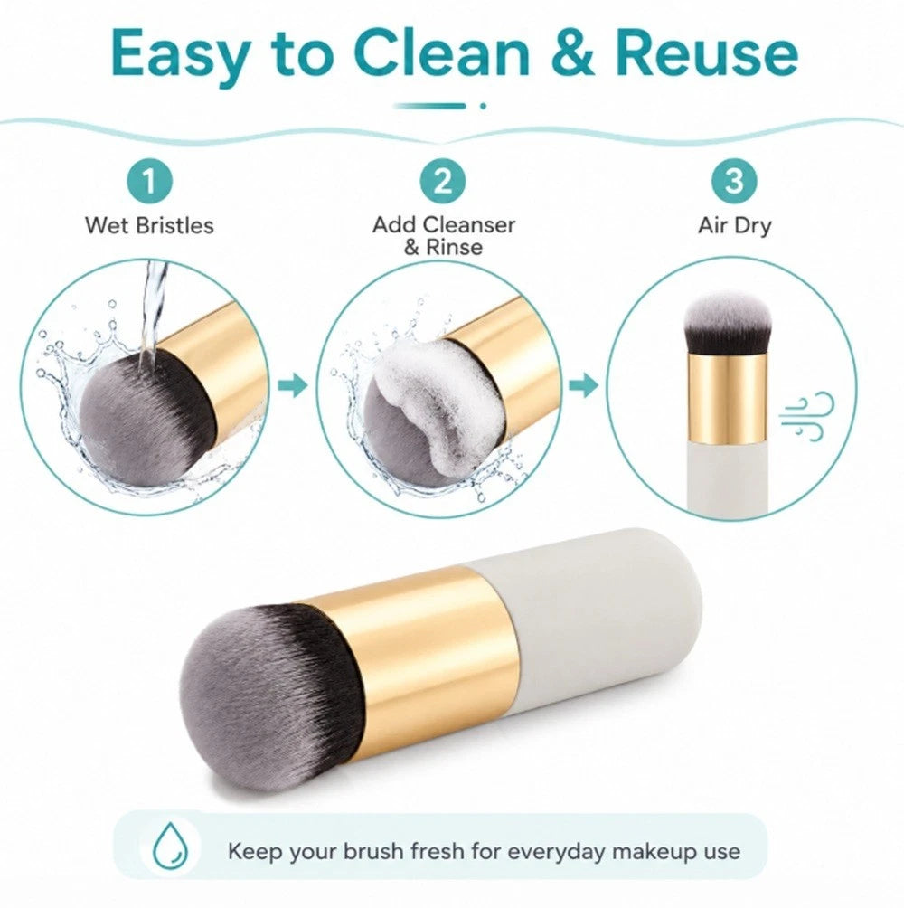 A Kabuki makeup brush with a white handle, gold ferrule, and gray bristles, shown below a three-step diagram explaining how to clean and reuse the brush: wet bristles, add cleanser and rinse, and air dry.