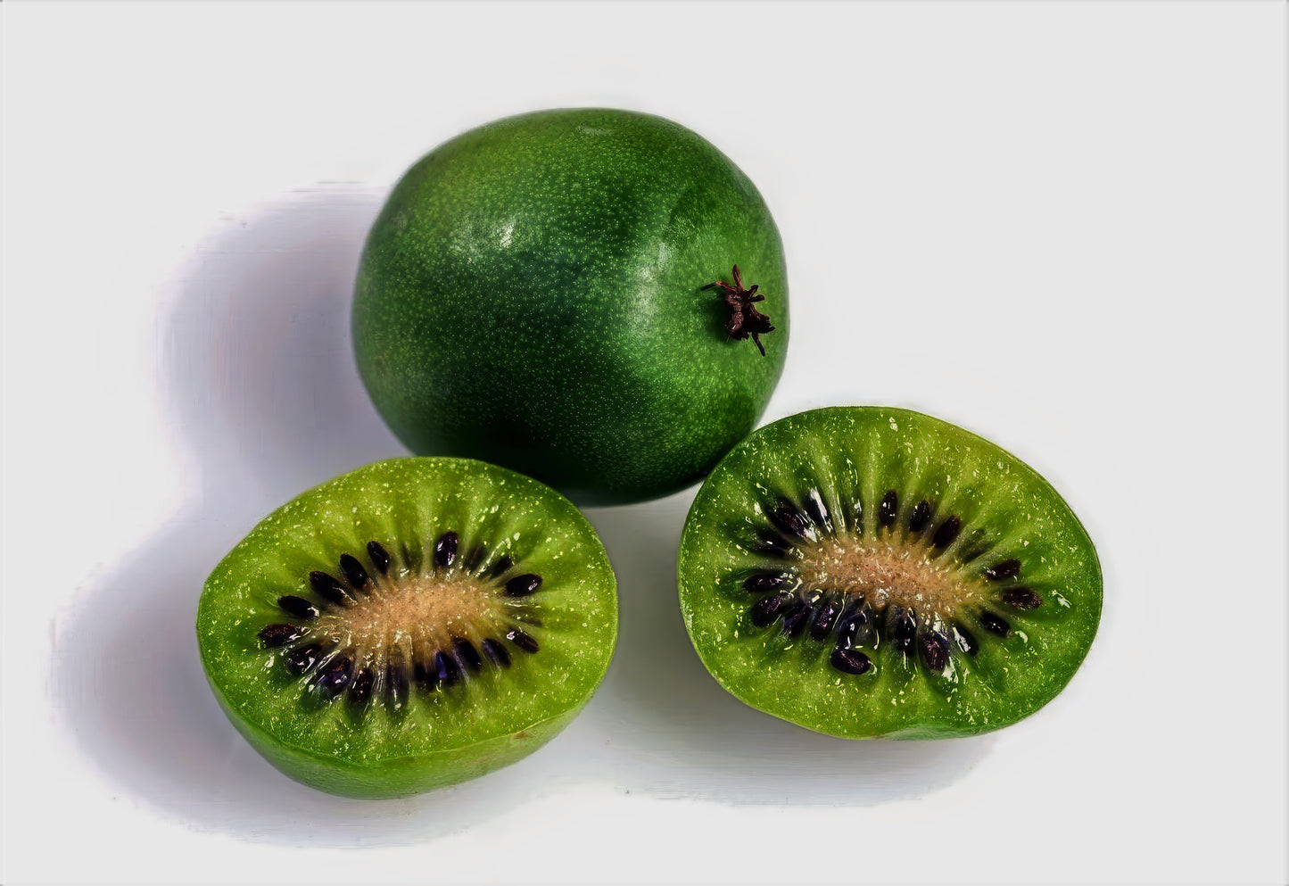 One whole Issai kiwis and two halves on a white background. Actinidia arguta