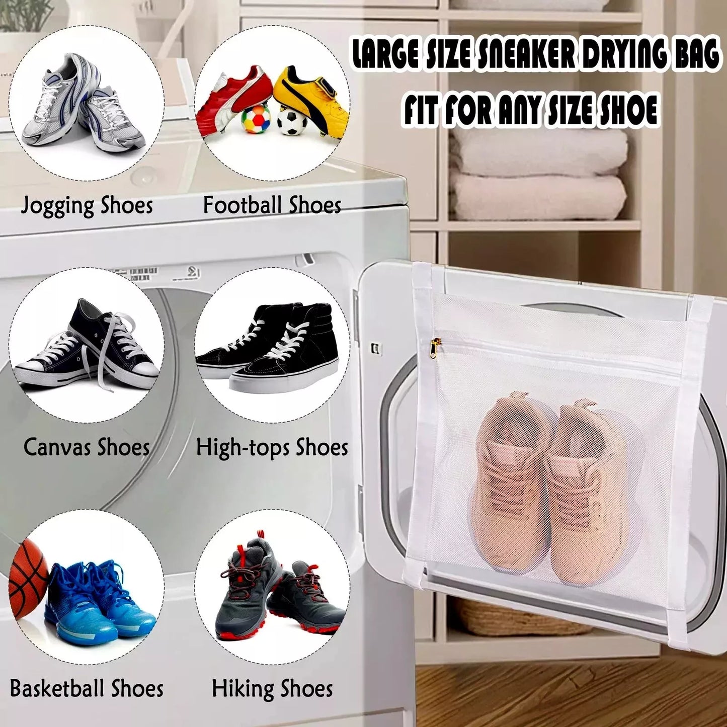 Laundry mesh shoe bag holding different types of shoes including sneakers, delicates, and flats