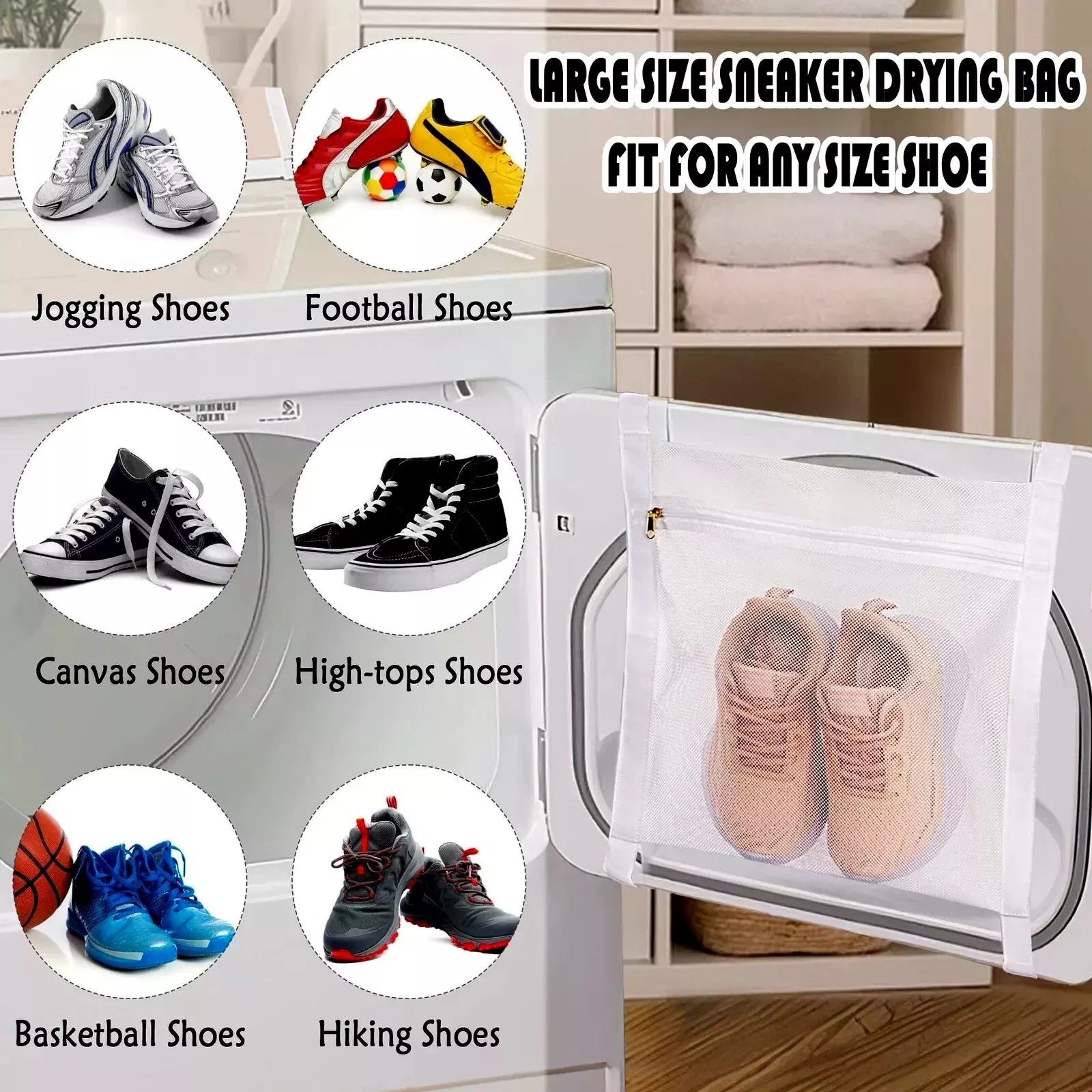 Laundry mesh shoe bag holding different types of shoes including sneakers, delicates, and flats
