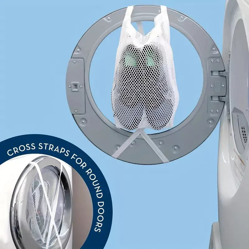 Instructional image showing how to cross straps to fit laundry shoe bag on round dryer door