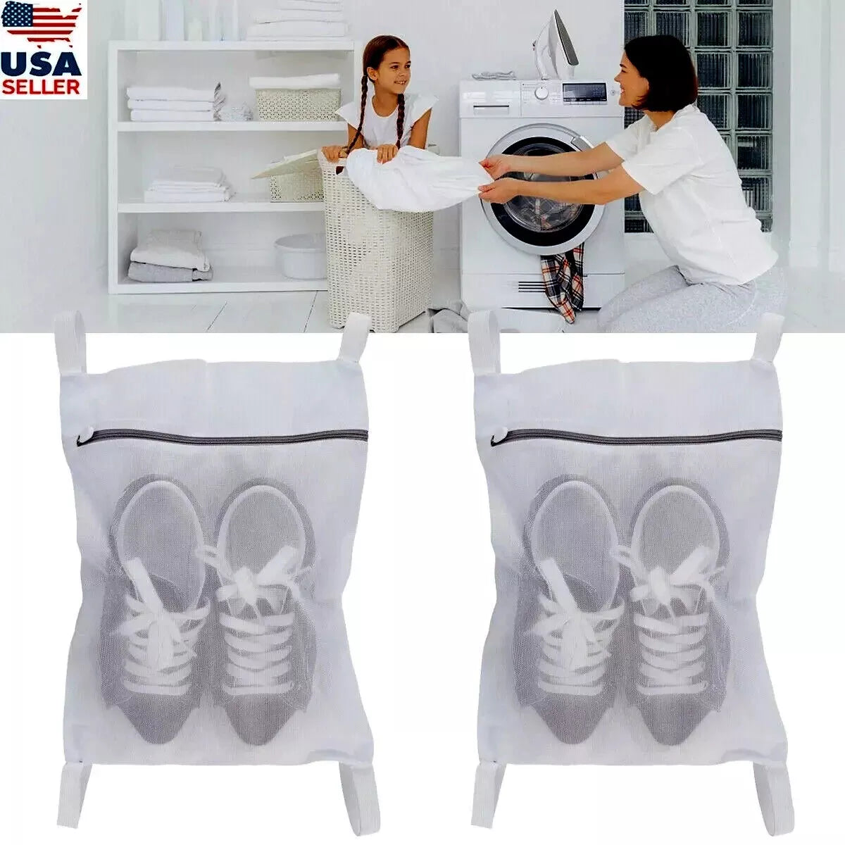 woman and daughter getting laundry mesh bag ready to put on dryer