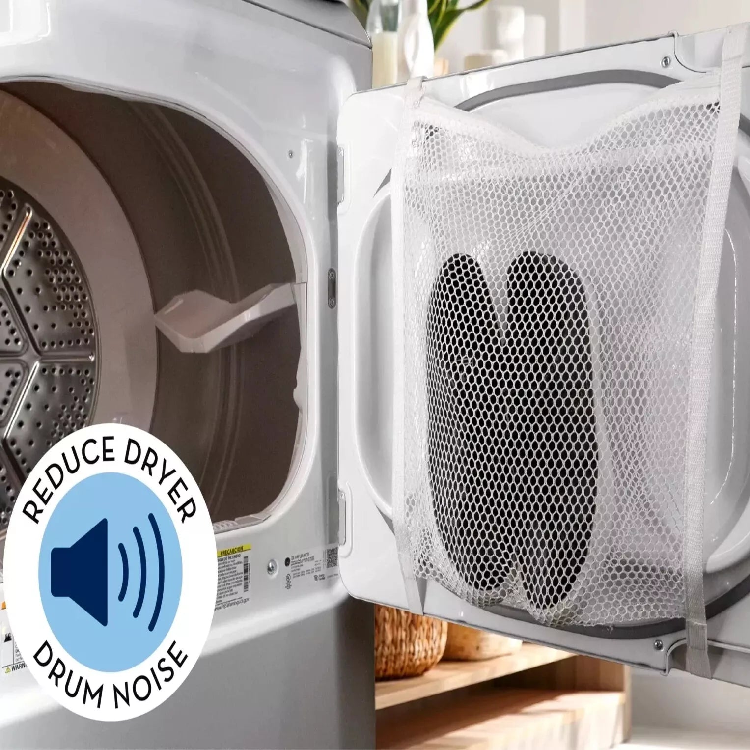 Delicates zip shoe bag holding sneakers and reducing loud banging noise in dryer
