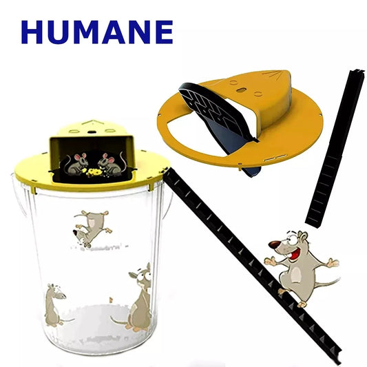 5-gallon Flip & Slide bucket live trap showing humane design with multiple mice climbing ladder and falling into bucket