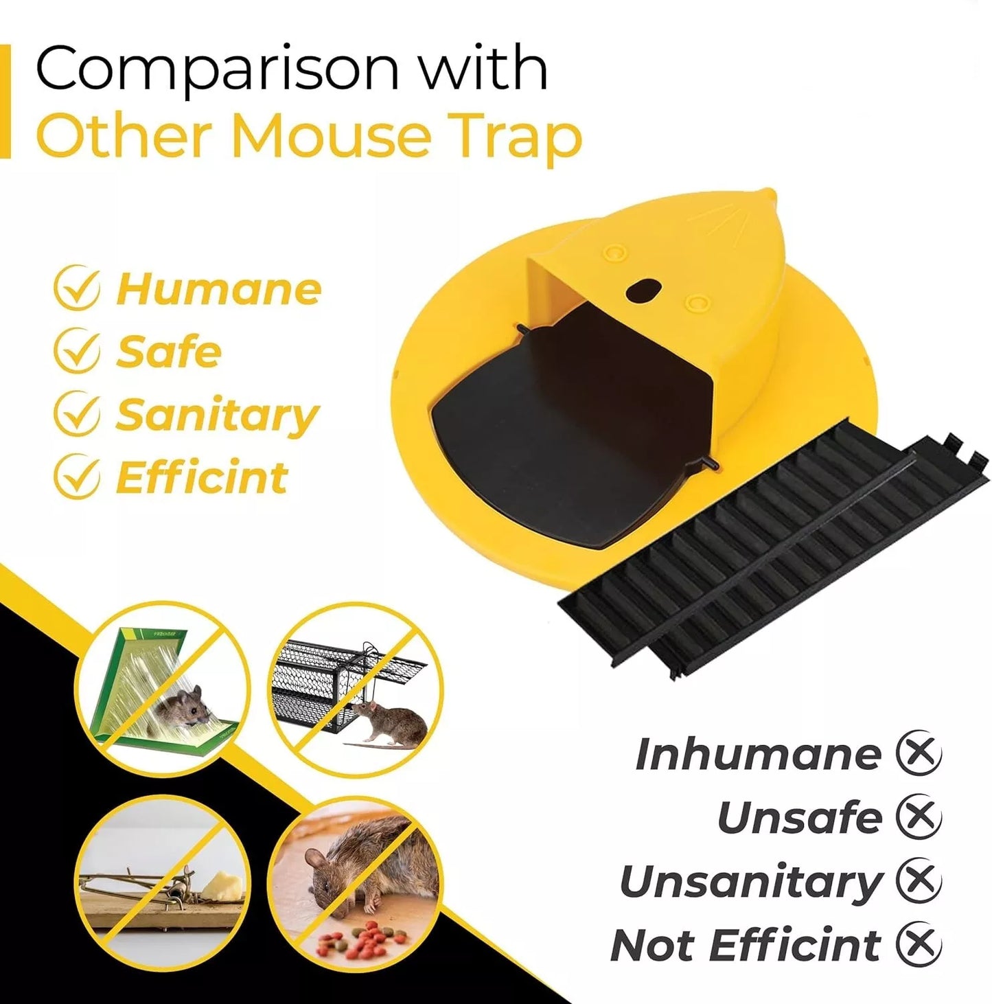 flip & slide bucket lid comparison with other mouse trap image, humane, safe, sanitary, efficient