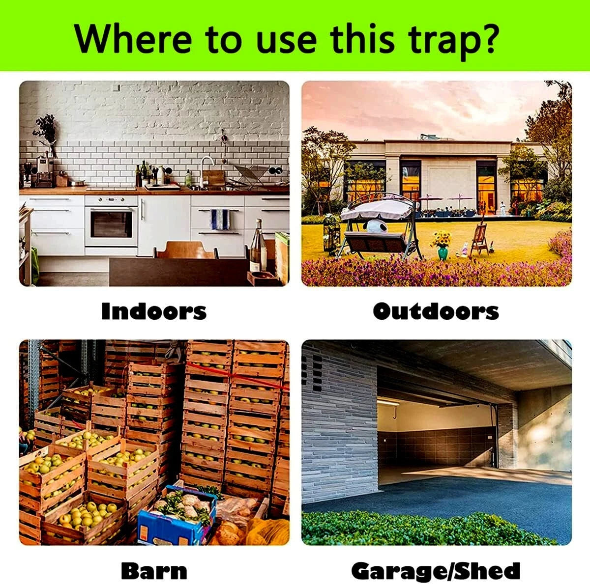 flip & slide bucket lid trap, where to use this trap, indoors, outdoors, barn, garage, shed