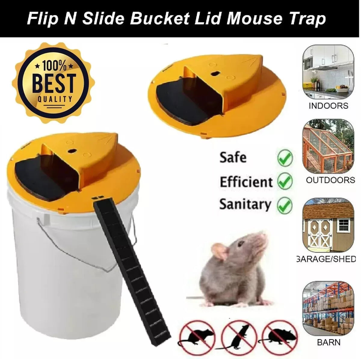 Flip & Slide bucket trap showing high-quality lid, safe, efficient, and sanitary for indoor and outdoor use