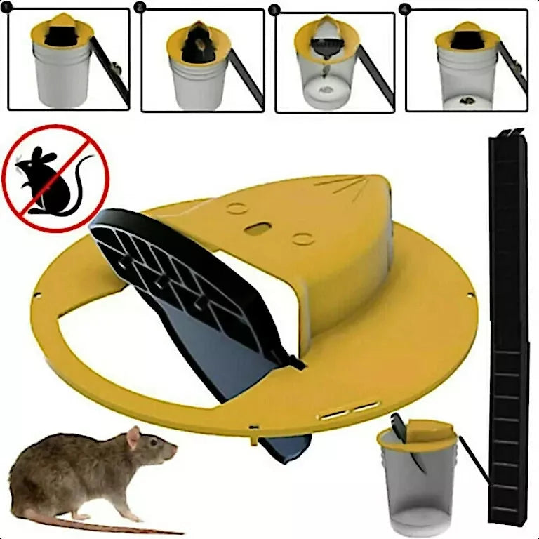 Flip & Slide bucket trap showing mice climbing ladder, walking onto flapper, falling in, and others following