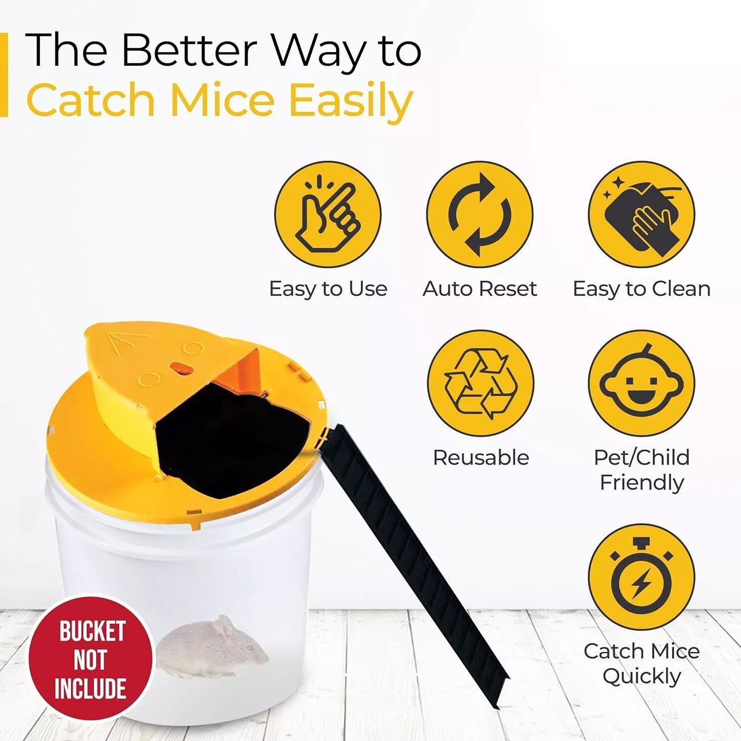 flip & slide bucket lid mouse trap, the better way to catch mice easily. easy to use, auto reset, easy to clean, reusable, pet & child friendly, catches mice fast
